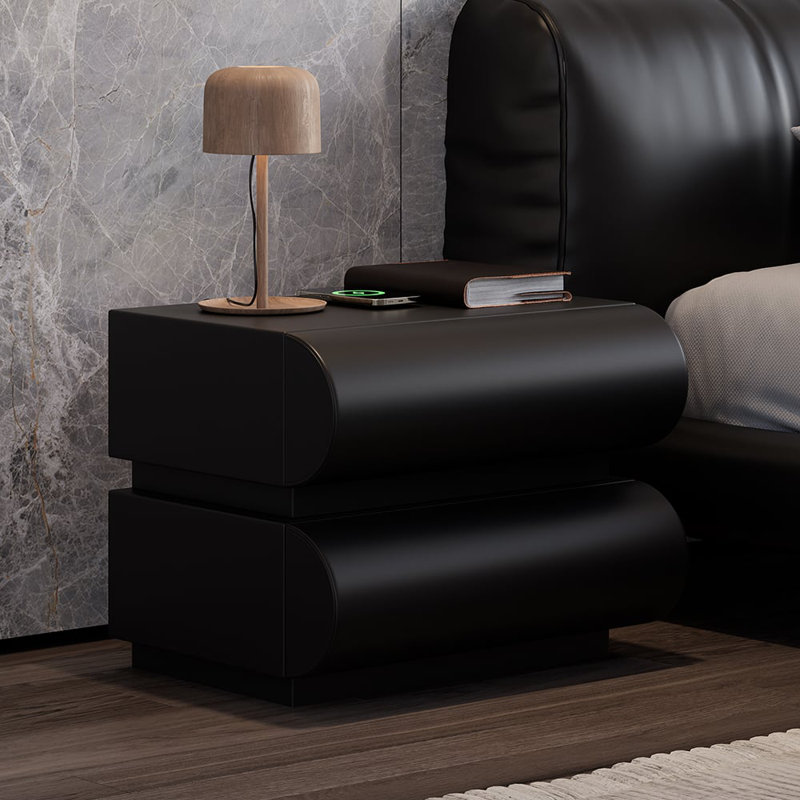 Humply Faux Leather 2-Drawer Smart Nightstand Modern Design with Wireless USB Type-C Charger Black, Black