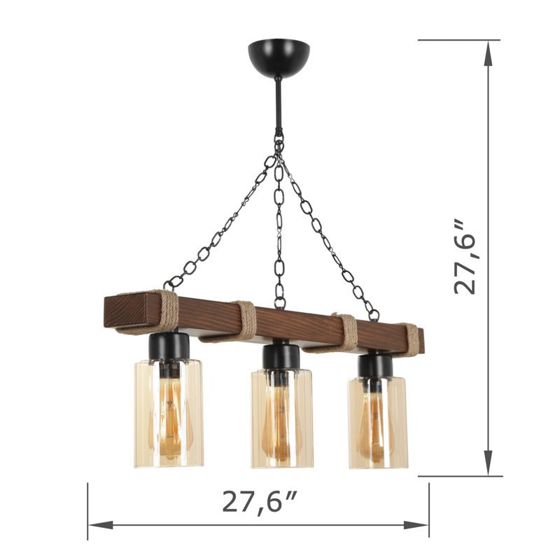 Lustre 3 lumières en bois à hauteur ajustable avec capuchon en verre