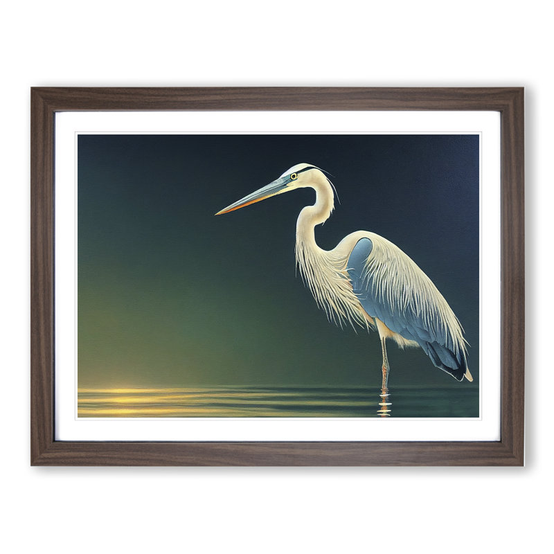 Attractive Heron Bird - Single Picture Frame Print, Walnut, 34cm H x 46cm W x 2cm D
