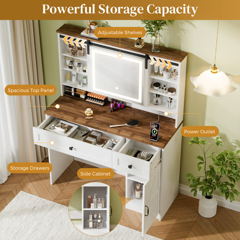 ‌modern Nordic Style Makeup Vanity With Led Mirror, Multi - Layer Storage & Sliding Door, Compact Design For Bedroom
