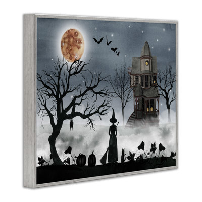 «Halloween Witch Silhouette in Full Moon Haunted House Scene», impression