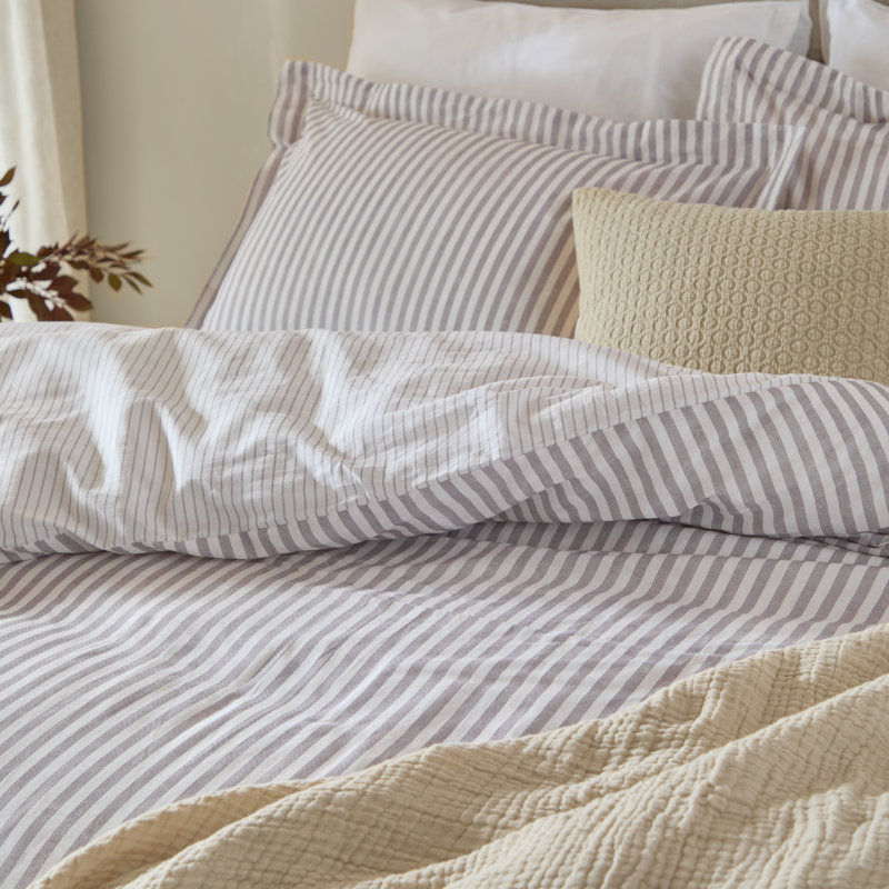 Hebden Cotton Striped Duvet Cover Set, Double Duvet Cover Set + 2 Pillowcases , Purple