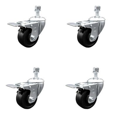 3.5 Inch SS Soft Rubber Swivel ½ Inch Threaded Stem Caster Set Total Lock Brake