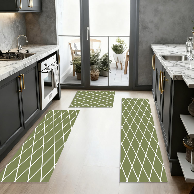 Machine Washable Non-SlipKitchen Mat(Set of 3), Green Geometric