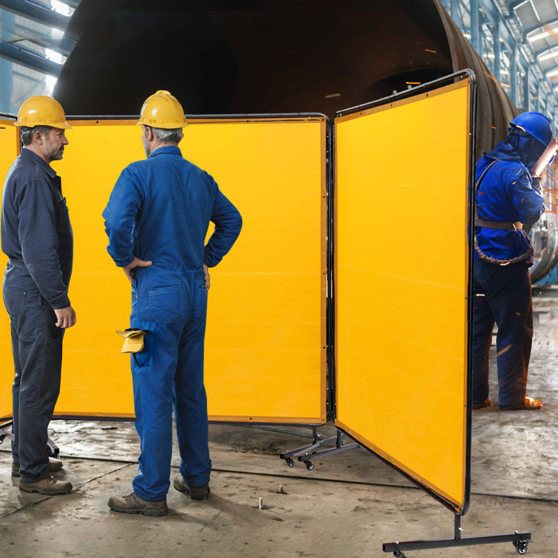 Welding Screen with Frame, 6' x 6' 3 Panel Welding Curtain Screens, Yellow, 72" H x 216" W x 2.28" D
