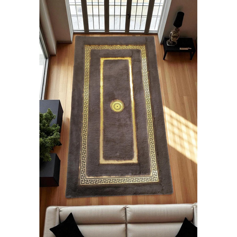 Tapis gris moelleux, tapis doré doux à bordure grecque, tapis sur mesure, Rectangle 6 pi x 9 pi