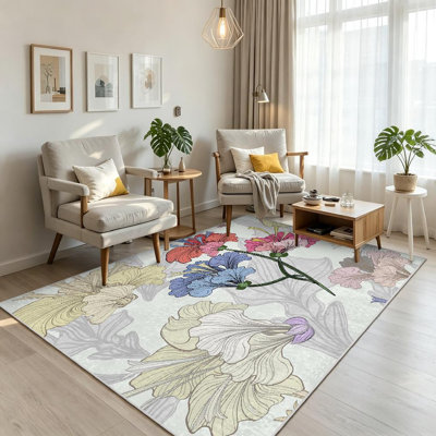 Clear Machine Washable,Drawn Flower Blue Floral Branch Leaf Indoor Area Rug