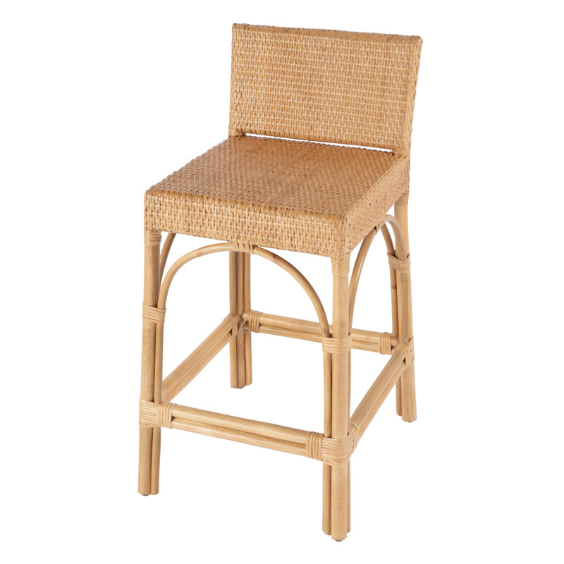 Serienna Blue & White Rattan Low Back Counter Stool, Natural, Counter Stool (24" Seat Heigh)t