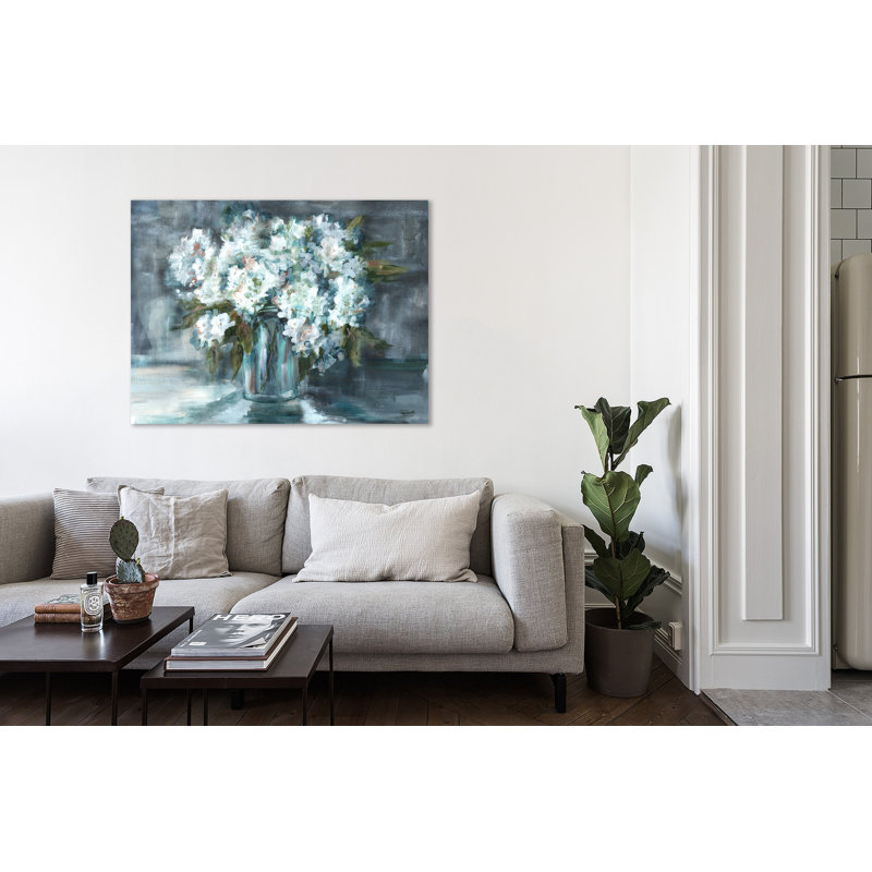White Hydrangeas In Mason Jar - Wrapped Canvas Painting, 76.2 cm H x 101.6 cm W
