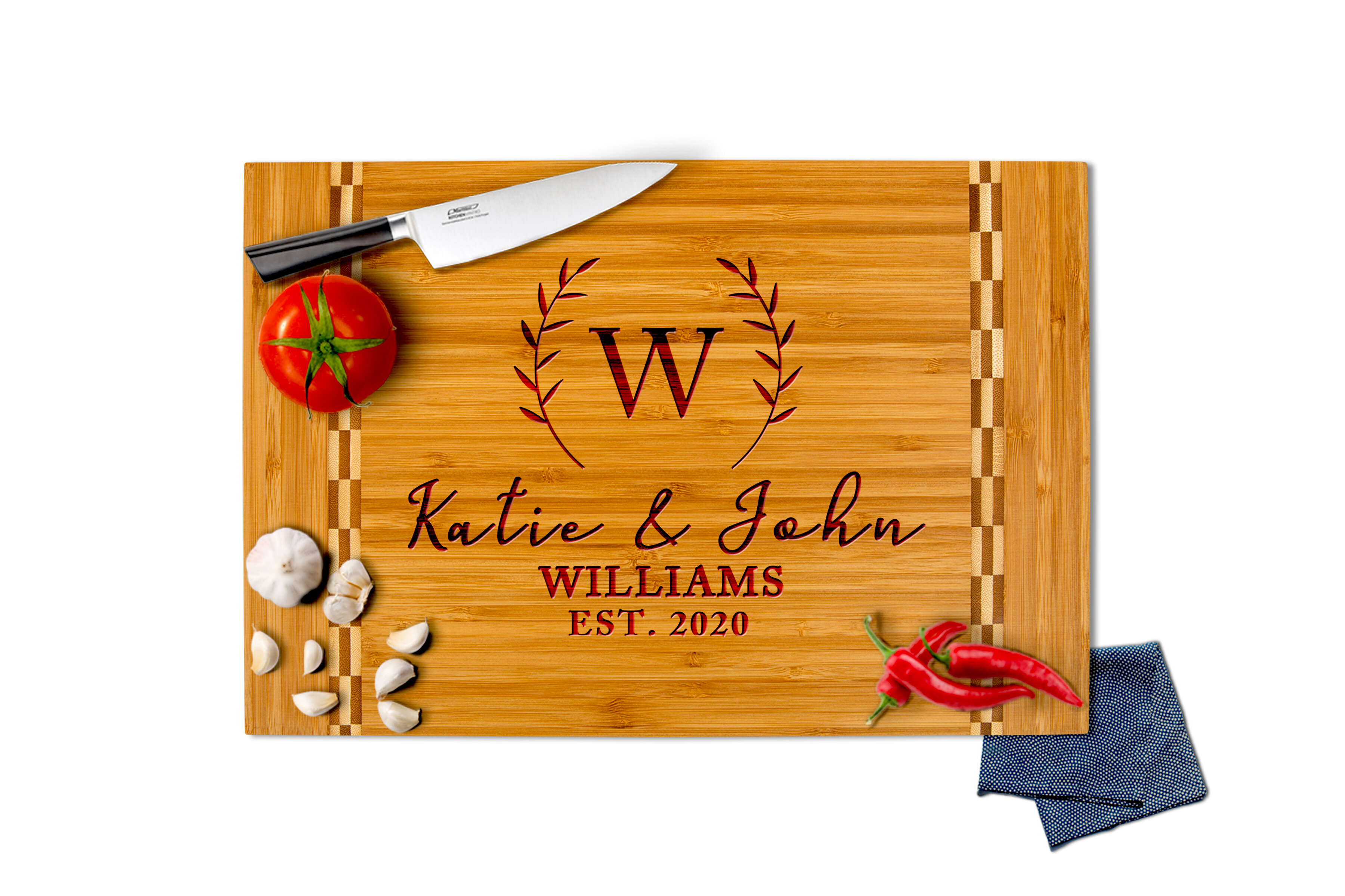 Large Bamboo Cutting Board with Silicone Grip - Laser-Engraved  Personalization Available