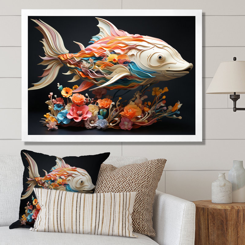 " Fishing Whale Of Colors I ", 24" H x 32" W x 1" D, White Single Picture Framed