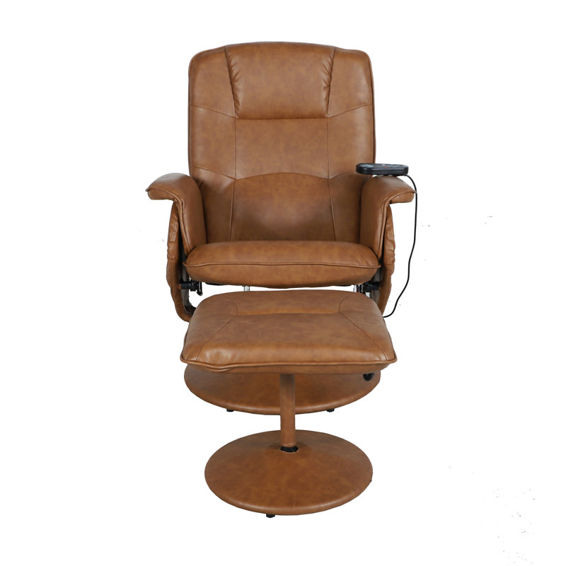 Massaging Multi-Position Recliner with Deep Side Pockets and Ottoman with Wrapped Base, Brown