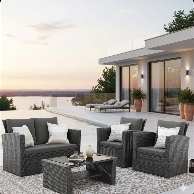 Modern All-Weather 4-Piece Wicker Patio Conversation Set with Cushions & Tempered Glass Table, Black