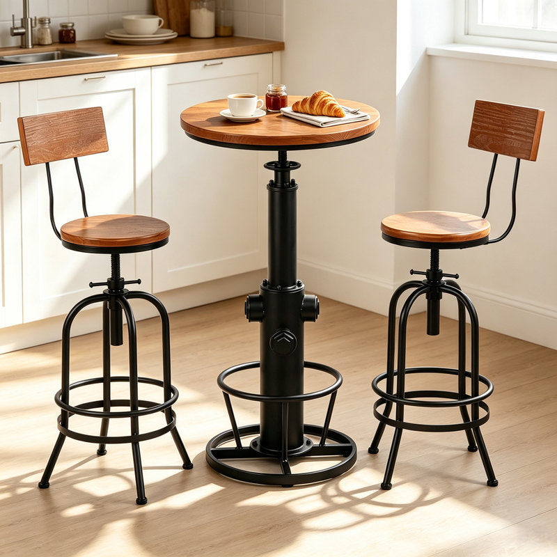 Ensemble de tables et de tabourets à hauteur de bar 3 pièces avec ensembles de dossier pour bistro à la maison, (1 table de 38,6 po à 48,4 po, tabouret de 2 po de 26 po à 32 po) 6B8EDEE8FD0549E5BD7469539EFDD20B