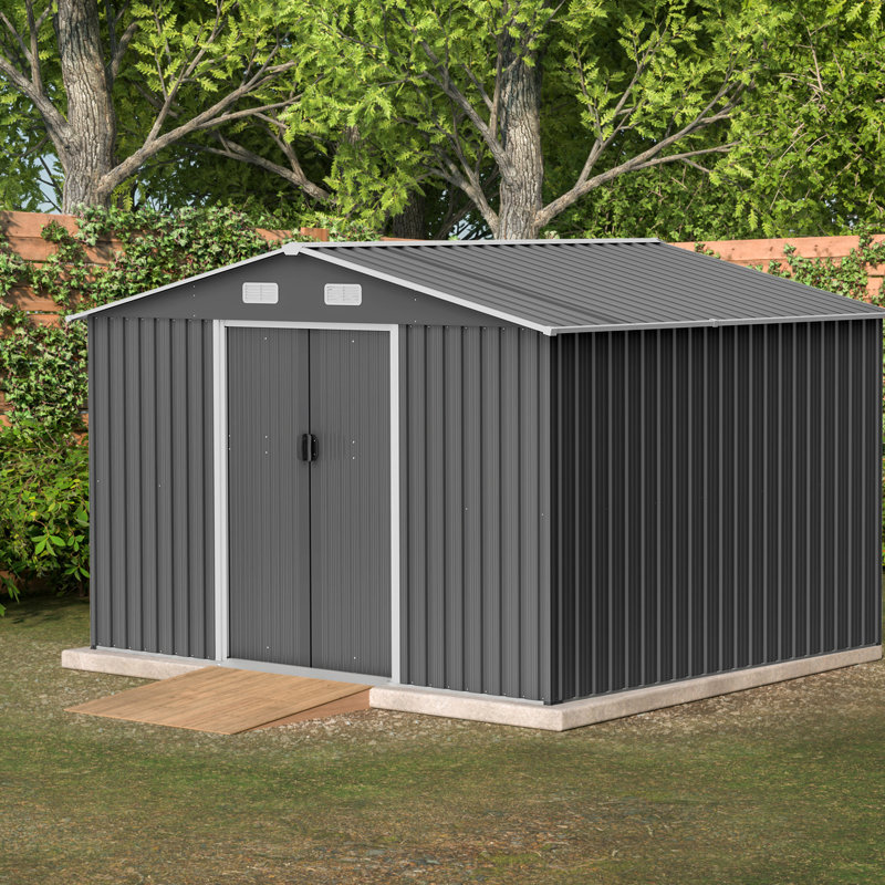 10x8 Ft Grey Shed With Lockable Feature, Metal For Garden Foundation And Door Access, Gray, 74.39" H x 117.8" W x 95.9" D