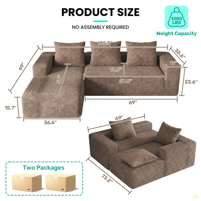 Canapé modulaire de 106 po avec méridienne en L, canapé modulaire à assise profonde, canapé désossé pour le salon, canapé en nuage sans assemblage requis