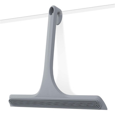 Raclette de douche 2-en-1 en silicone avec crochet, conception à double face avec racloir et surface de récurage, racloir sans traces, (gris)