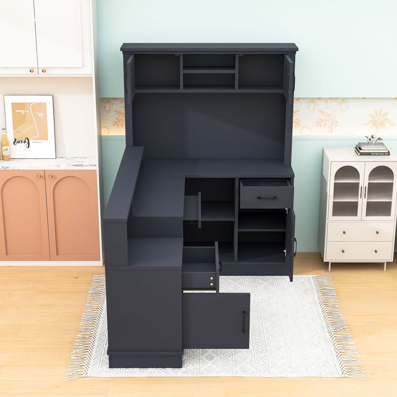 Bureau d'ordinateur d'angle en L avec prise de courant intégrée, tablettes, tiroirs et armoires, Bleu