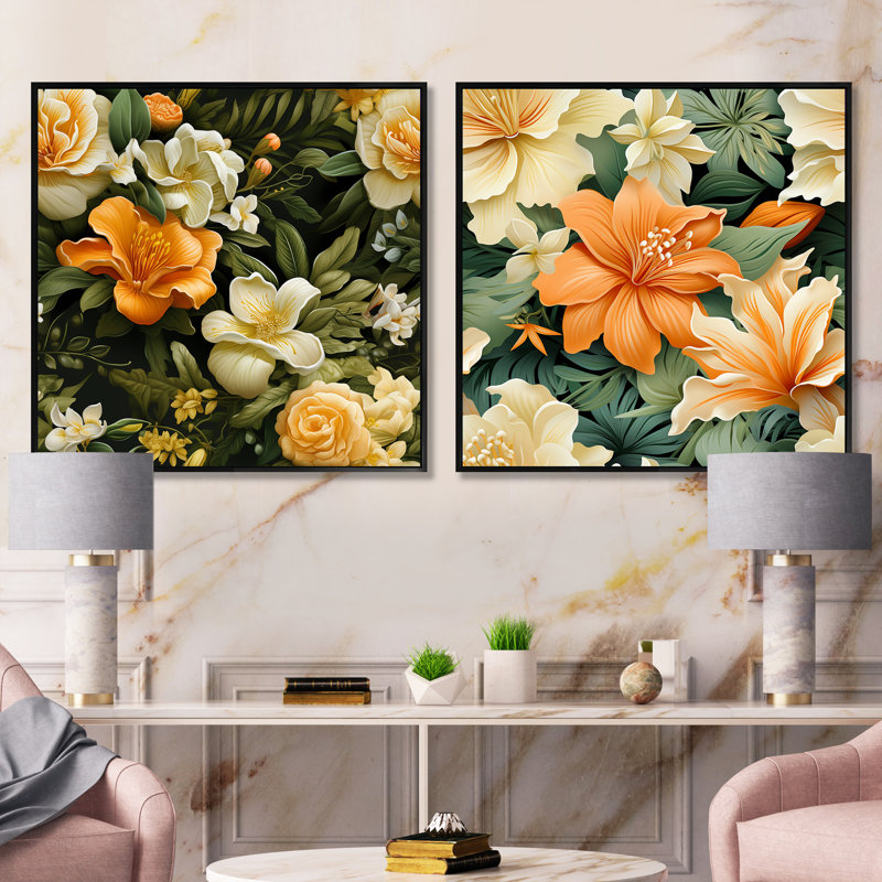 «Mango Bloom», motif tropical I - ensemble de 2 collages floraux carrés, Cadre flottant noir, H 16 po x l 33 po