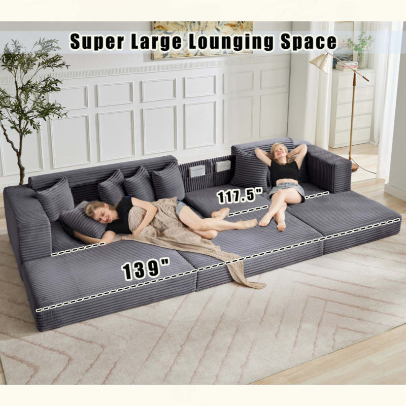 Boneless Oversize Cloud Couch, L-Shape Sofa, Convertible Floor Sleeper Sofa Bed, No Assembly ,Eight Pillows,3-In-1,Side Pocket,Corduroy