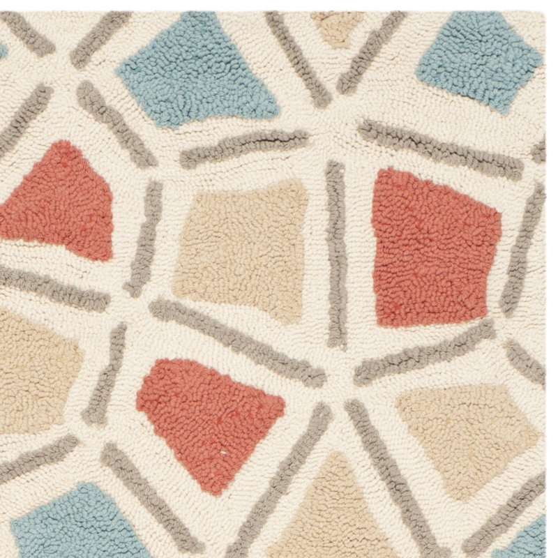 Tapis en coton beige/bleu/orange/bleu/orange crocheted fait main Atilia, Rectangle 7 pi 9 po x 9 pi 9 po