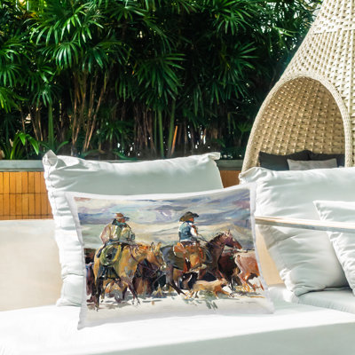 Coussin d'extérieur imprimé The Western Roundup par Marilyn Hageman