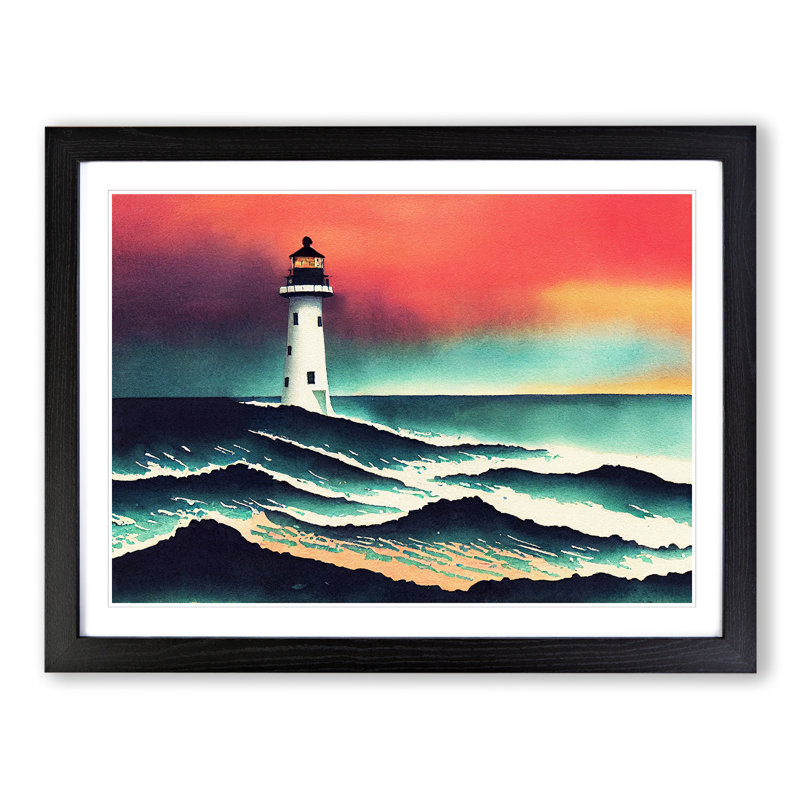 Lighthouse In Watercolour Vol.4 - Single Picture Frame Print, Black, 46cm H x 64cm W