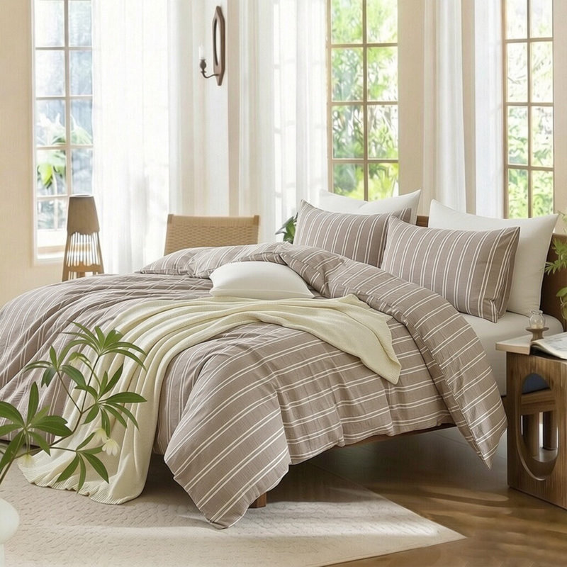 Ensemble de housse de couette à rayures XINMIANFANG, Brun / Blanc, Housse de couette grand et 2 taies d'oreiller stan