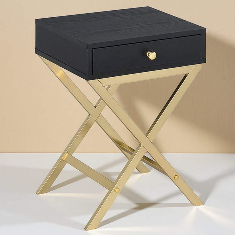 Modern End Table - Stylish Black & Accent Table For Living Room Or Bedroom With Storage Drawer, Space-saving Metal X-base Design