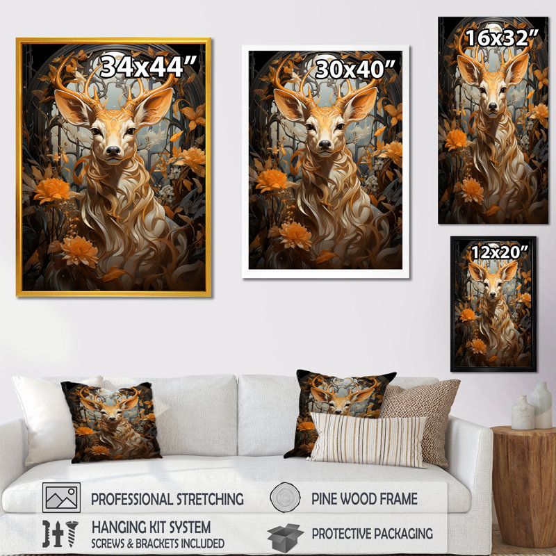 Floral, portrait de cerf, beauté - art mural animal cerf, Cadre flottant doré, 32" H x 24" W