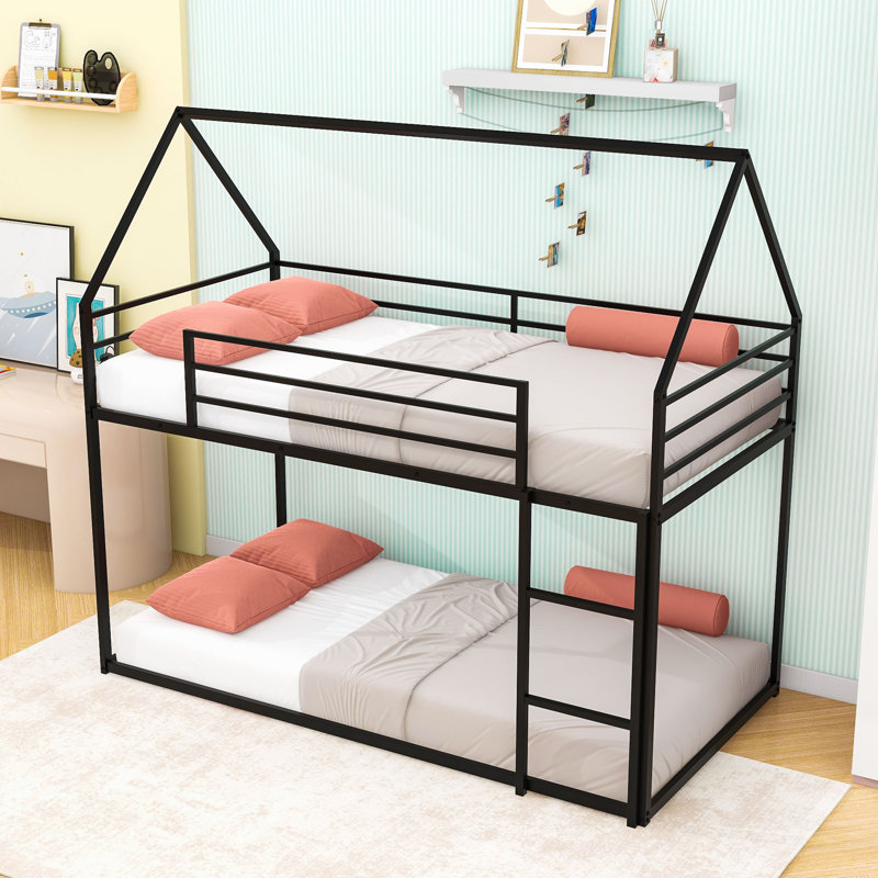 Lit superposé simple en métal avec échelle convertible intégrée et garde-corps de sécurité, Noir