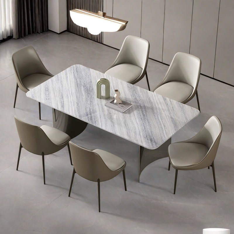 Modern Rectangular Natural Marble Dining Table Set, 29.9"H x 63"L x 31.5"W, 7 Pieces: Table, 6 Chairs