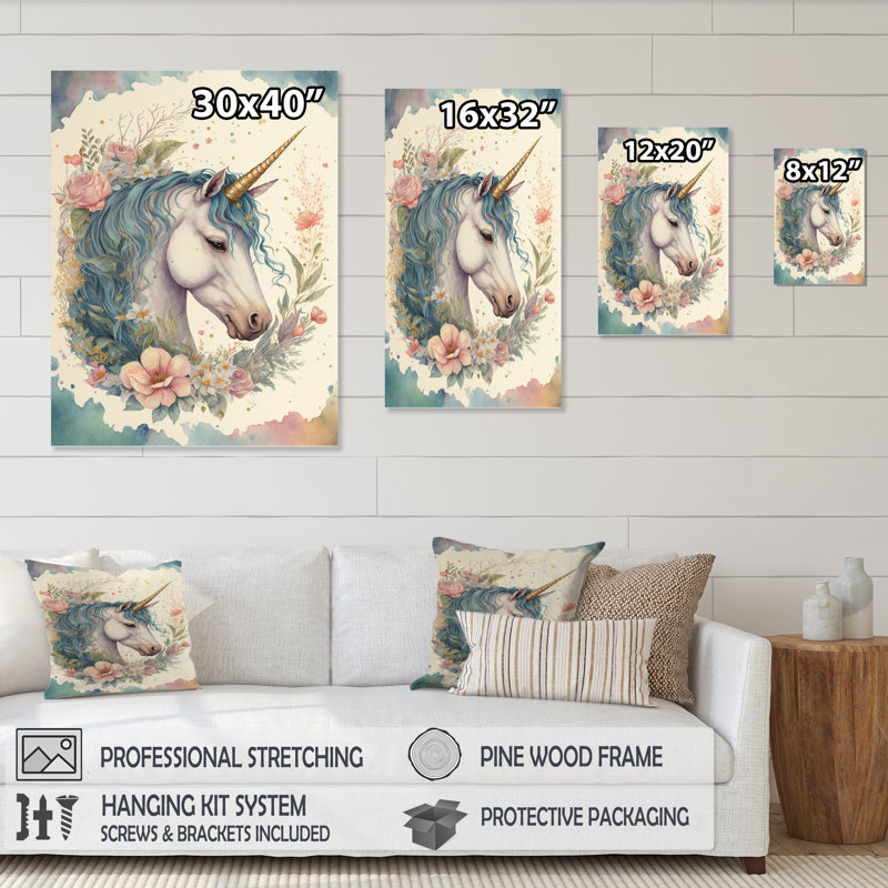 Adorable licorne pastel entourée de fleurs I - reproduction sur toile, H 40 po x l 30 po x P 1,5 po, Toile tendue