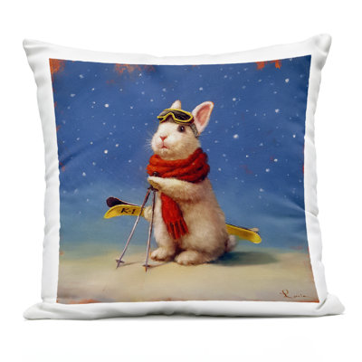 First Snow Bunny & Skis Outdoor Printed Pillow design by Lucia Heffernan