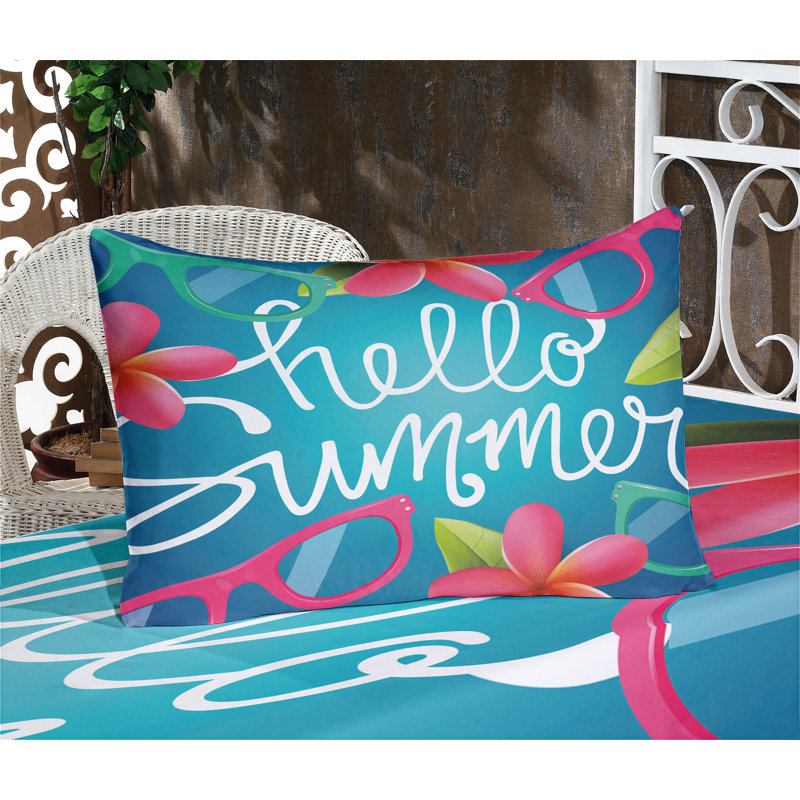 Ambesonne Hello Summer Fitted Sheet & Pillow Sham , Multicolor, Calking Fitted Sheet Set + 4 Pillow Cases