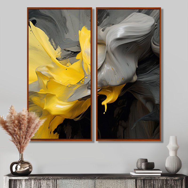 Raw Reflections Yellow Gray - Art abstrait encadré, panneau mural abstrait jaune 2 panneaux, H 32 po x l 32 po, Brun