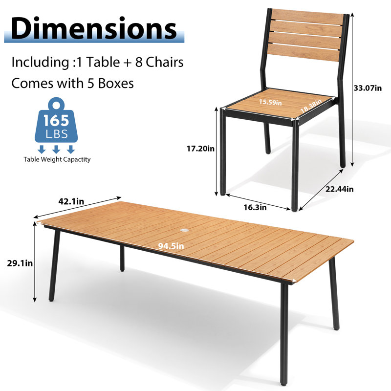  Georgean 8 - Person 94.5'' L  Aluminum Patio Dining Set with Stackable Chairs and Umbrella Hole, Brown