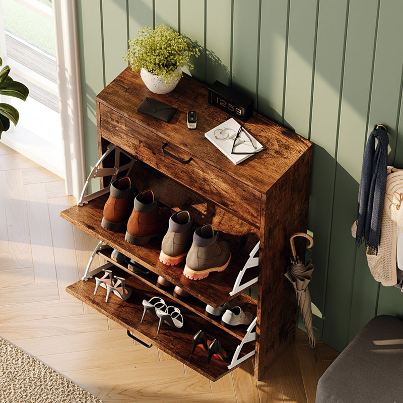 Hidden Shoe Cabinet With 3 Flip Drop-Down Door White & Oak, Brown