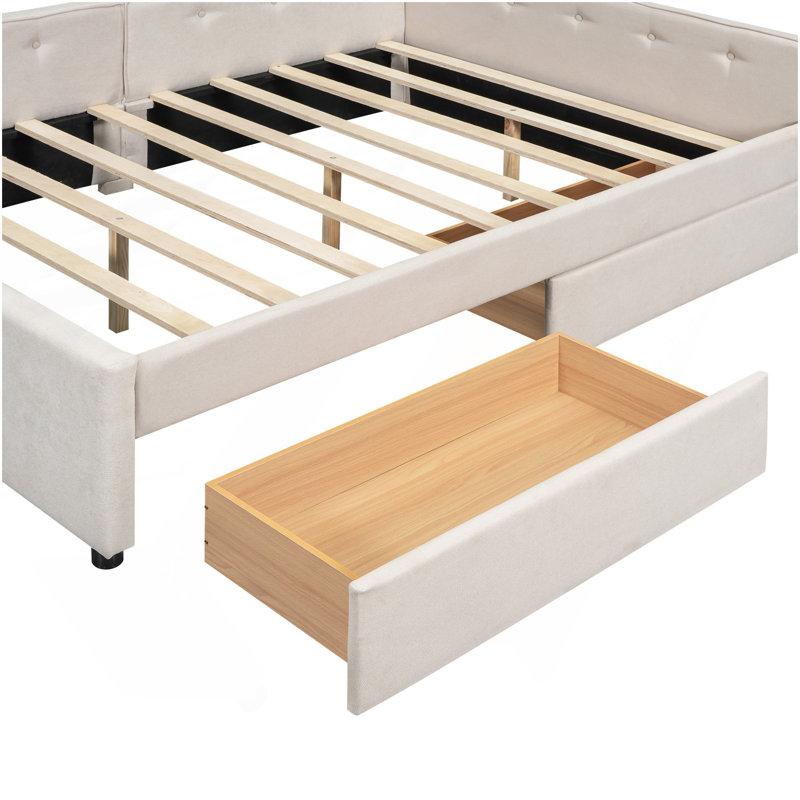 Lit plateforme tapissier double avec USB et 2 tiroirs, beige