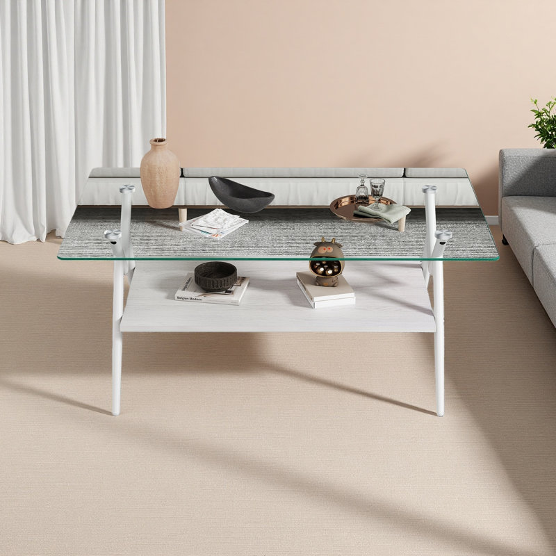 Table basse rectangulaire avec plateau en verre trempé et tablette en bois aggloméré, table moderne pour le salon, Clair