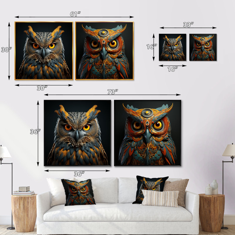 Hibou Expressionist Gaze - Ensemble de 2 animaux chouettes carrés, H 16 po x l 33 po, Cadre flottant brun