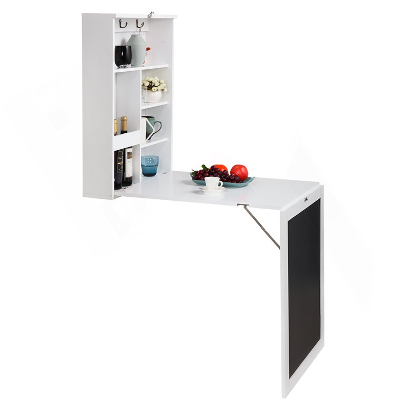 Floating Wall Mounted Table, Foldable Desk With Storage Shelves And Blackboard - Black+White
