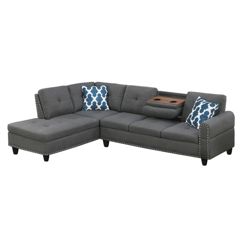 Charcoal - Dark Gray 3 Seat Cup Holder Console L Shaped Sectional For Game/Movie Nights, Comes With Two Toss Pillows And Storage , Solid Wood Frame Wrapped In Neutral Faux Leather, Foam Cushions Hand
