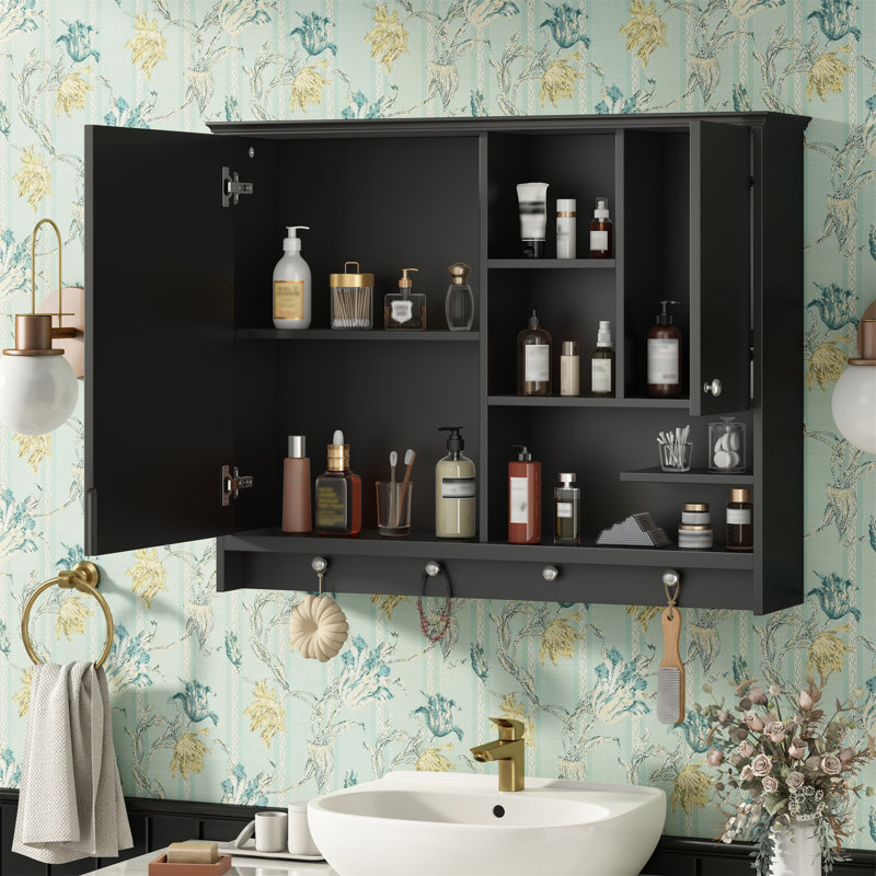 Armoire à miroir l 36 po x P 7,7 po avec miroir, crochets à boutons et tablettes réglables, Noir, noir, noir, noir