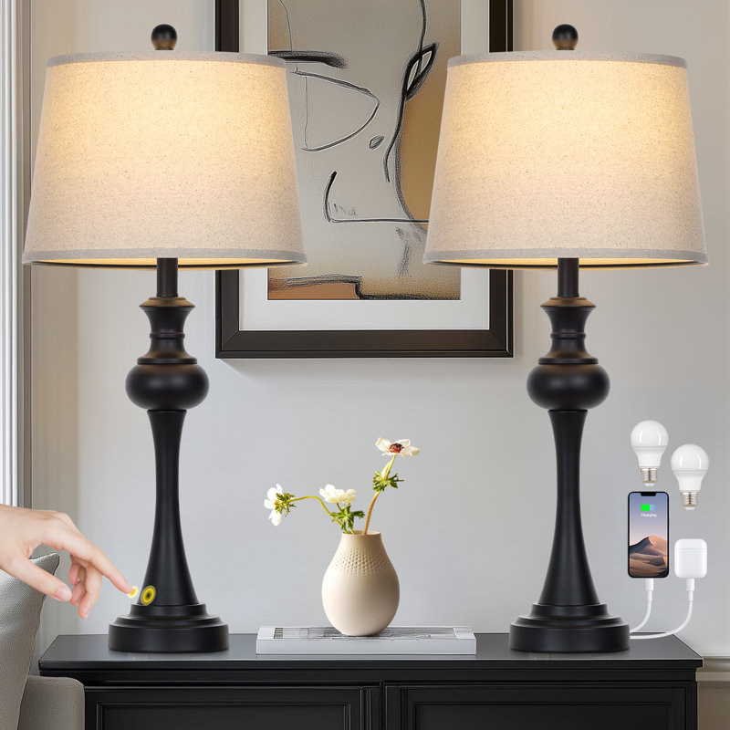 Lampe de table à intensité variable de 29 po en métal avec contrôle tactile et ports USB, ampoule incluse, Noir