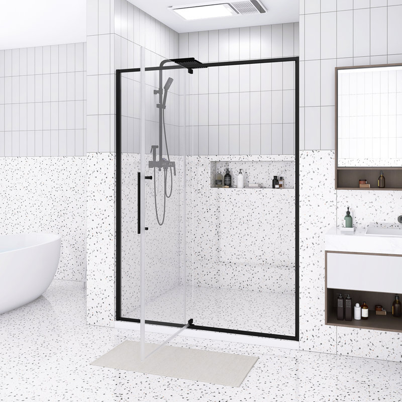 Porte de douche à pivot 50 x 54 po x H 74 po | Ouvert à l'extérieur | Arrêt à 105 degrés | Verre trempé 5/16 po | Noir mat