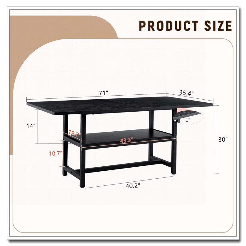 71"Long Dining Table With Shelf Storage, Black