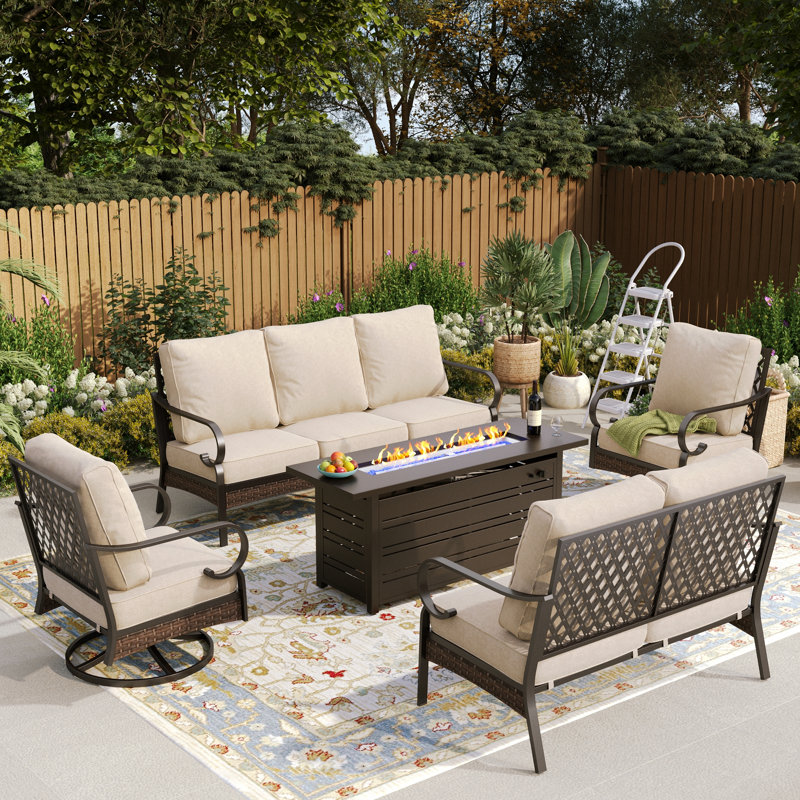 Ensemble de conversation pour 7 personnes avec chaises longues pivotantes, causeuse et table foyer, Noir / beige / noir