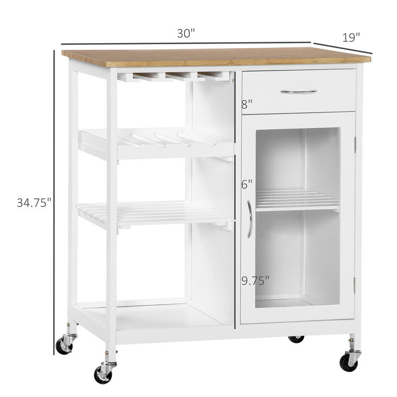 Îlot de cuisine roulant avec rangement, chariot de cuisine avec support à vin pour 4 bouteilles, porte-verres à pied, tablettes, tiroir et armoire