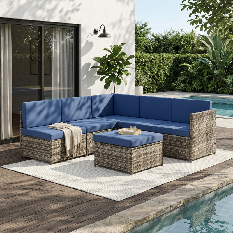 Ensemble modulaire d'extérieur en osier pour 5 personnes avec repose-pieds, Gris, Bleu